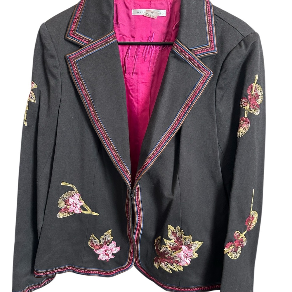 Peter Nygard Black Blazer Floral Embroidery & Multicolor Piping Size 14